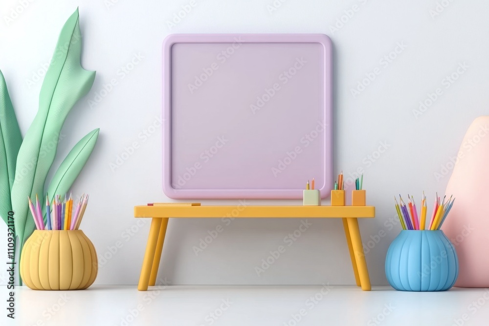 Poster a simple 2d depiction of a teacher desk with a chalkboard behind it, surrounded by colorful statione