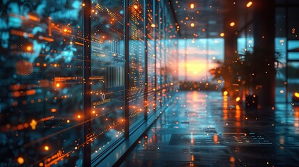 A futuristic server room with glowing data streams.