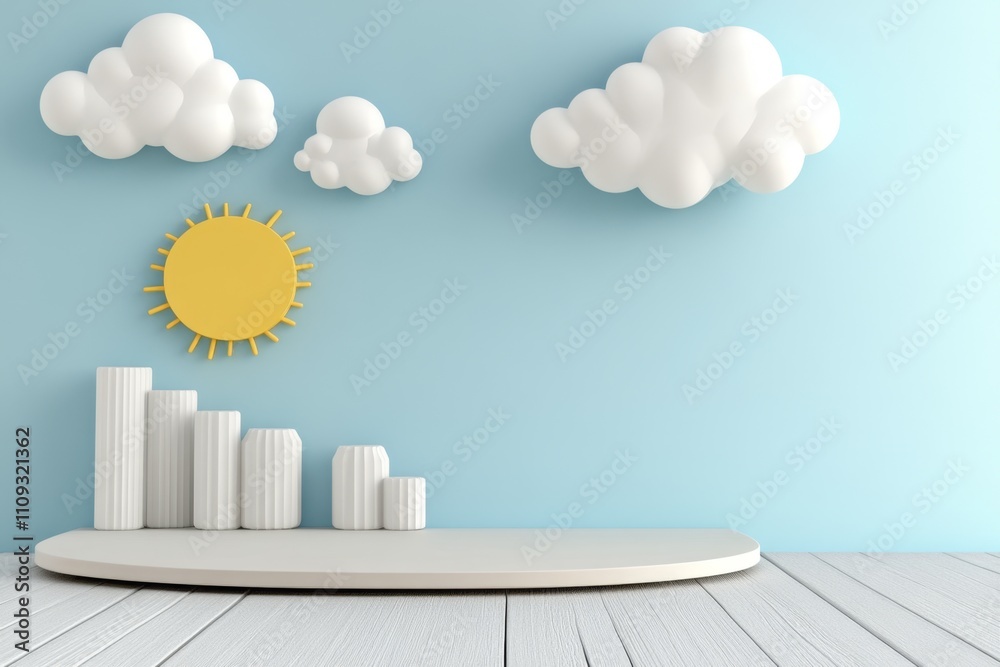 Leinwandbilder A simple design of layered white and gray clouds in clean geometric shapes, set against a soft gradient sky