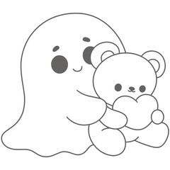 Obraz premium Valentine Cute Ghost Hugging a Teddy Bear Holding a Heart in Outline Style