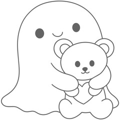 Valentine Cute Ghost Hugging a Teddy Bear Holding a Heart in Outline Style
