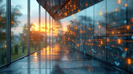 A futuristic hallway with large digital screens showcasing a complex network of data.