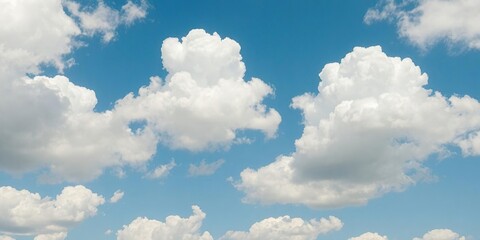 Fluffy cumulus clouds floating in a clear blue sky on a sunny day, day, peaceful, clouds