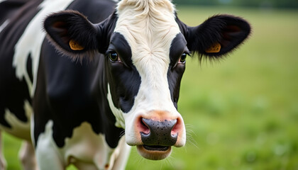 Close up of a curious Holstein Friesian cow in a green pasture.