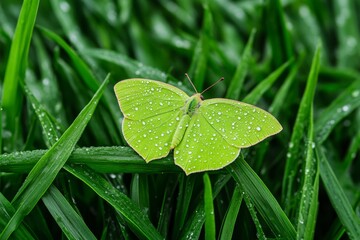 A soft morning light illuminating a butterfly sitting on a blade of grass covered in dew