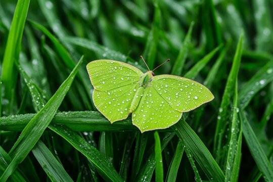 A soft morning light illuminating a butterfly sitting on a blade of grass covered in dew - Powered by Adobe