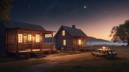 A journey of adventure and exploration with unforgettable travel destinations plan your dream vacation today. Enchanted evening scene with rustic cabins and a glowing campfire under a starry sky,