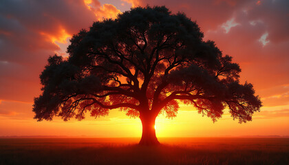 Majestic oak tree silhouetted against a vibrant  fiery sunset over a tranquil field.