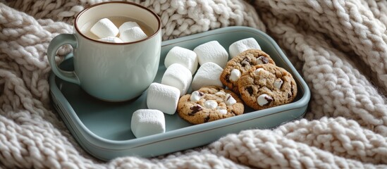 Fototapeta premium Cozy flat lay of a cup and tray with marshmallows and cookies on a knitted blanket perfect for a cozy night in