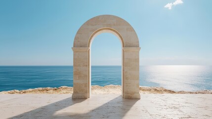 Serene stone arch overlooking vast blue ocean under clear sky.