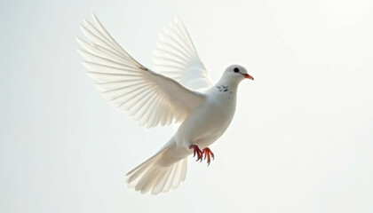 Fototapeta premium A white dove in flight wings spread wide against a bright background symbolizing peace and hope.