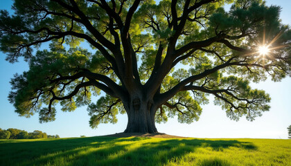 Obraz premium Tall ancient tree in sunlit field with sprawling branches.