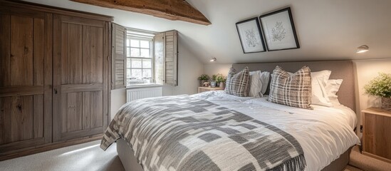 Cozy double room featuring a double bed adorned with matching duvet and cushions complemented by a built in wardrobe with dark wooden doors
