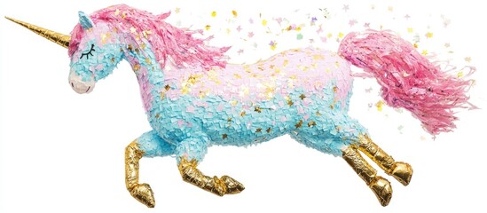 Colorful unicorn shaped pinata adorned with gold hooves and a shimmering horn perfect for festive party celebrations