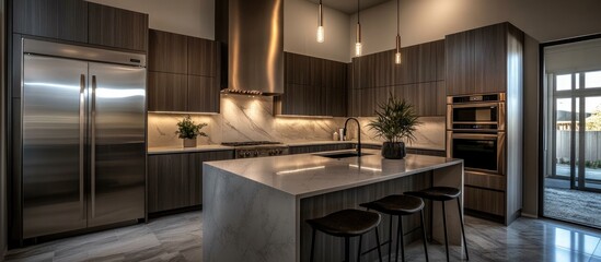 Contemporary L shaped kitchen featuring sleek cabinetry and tiled flooring ideal for open plan dining spaces