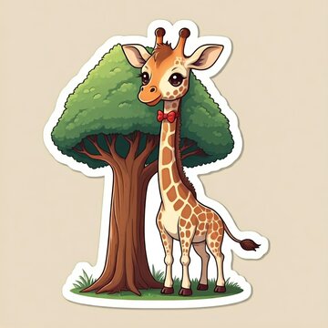 Chibi giraffe with exaggeratedly long neck, wearing a little bowtie, standing next to a tall tree, designed as a sticker.
