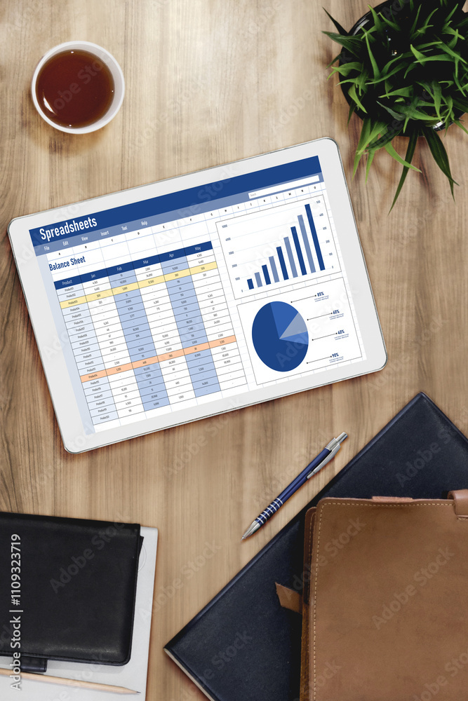 Poster spreadsheet document information financial startup concept. data and graphs in spreadsheet documents