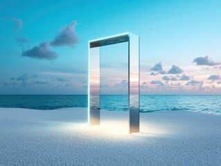 Futuristic glass door standing on a beach with ocean backdrop.