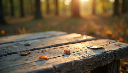 Fototapeta premium Autumn leaves rest on a weathered wooden bench in a sun drenched forest.