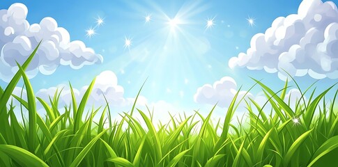 Fototapeta premium A flat and simple grassy field illustration, pastel green tones, fluffy white clouds in a light blue sky.