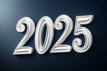 Elegant white 2025 text on dark blue background with swirl design