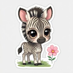 Chibi zebra foal, with huge eyes and oversized hooves, standing next to a flower, designed as a sticker.
