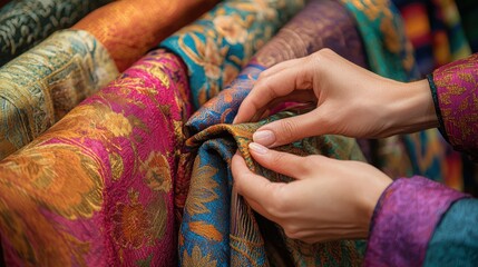 Exploring vibrant textiles in a market with intricate patterns and colors