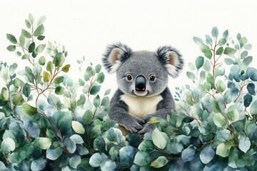 A cute koala surrounded by green eucalyptus leaves in a whimsical illustration.
