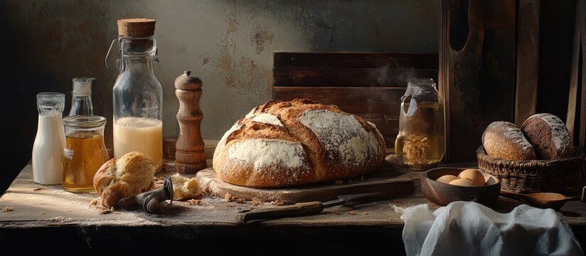 Composition showcasing artisanal sourdough bread alongside preparation tools and ingredients perfect for restaurant menus or bakery displays