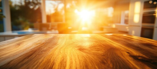 Cozy kitchen table with a rustic wood countertop softly blurred background of a bright clean home interior