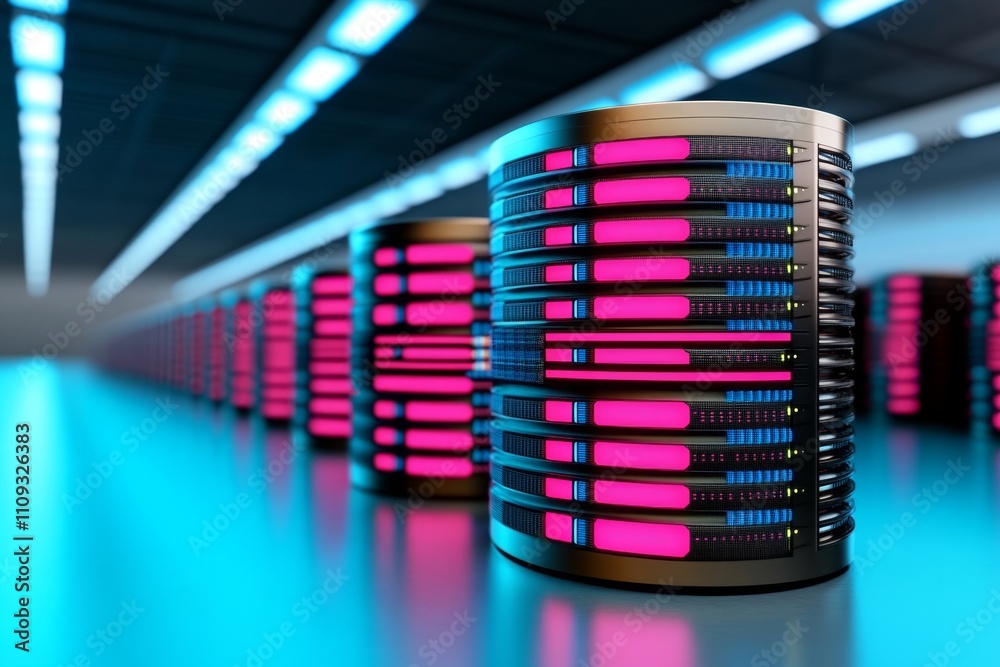 Poster abstract data storage room with glowing neon hues of blue and pink, highlighting digital supercomput