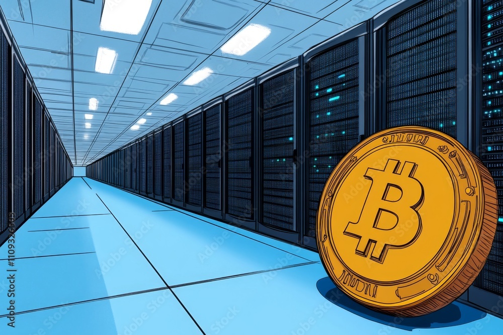 Aufkleber Advanced server room with digital equipment for cryptocurrency mining, blockchain networking, and cloud storage, drawn as a sleek vector cartoon illustration