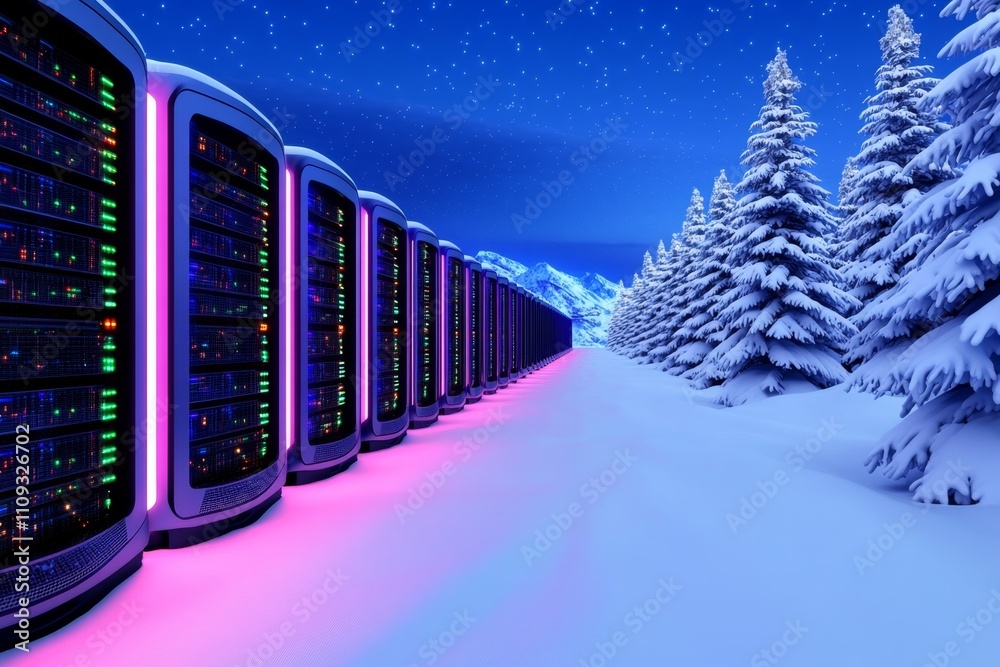 Poster clean and futuristic server room with glowing hardware racks, database equipment, and cryptocurrency