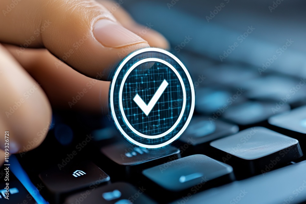 Aufkleber Close-up of hands typing on a keyboard with holographic document symbols and check mark overlays, emphasizing efficient digital approval on a glowing blue background