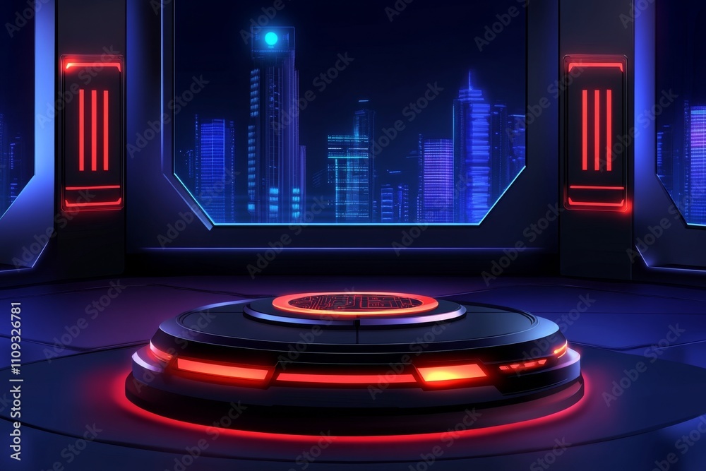 Fototapete Cryptocurrency mining platform set in a high-tech server room with blockchain elements and glowing equipment, presented in a futuristic cartoon illustration
