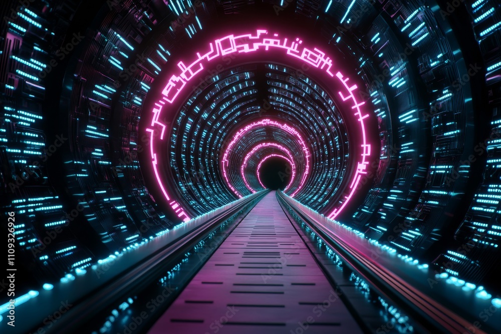Aufkleber digital data center featuring rows of glowing neon server stacks, blending pink and blue light into 