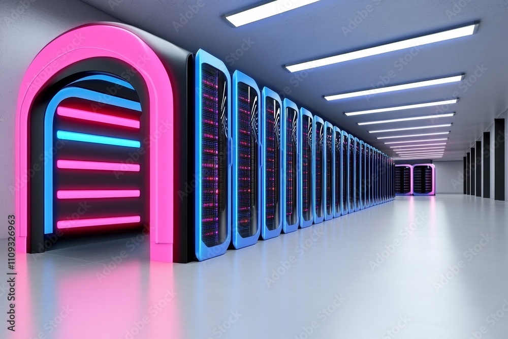 Poster futuristic data center with glowing neon blue and pink server racks, forming a sleek digital tunnel 
