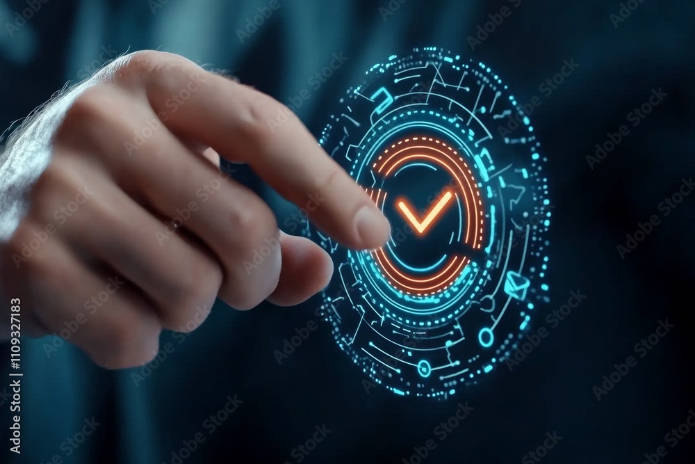 Aufkleber Hands navigating on a touchscreen with digital document icons, approval check marks, and a sleek futuristic blue overlay, representing online validation processes