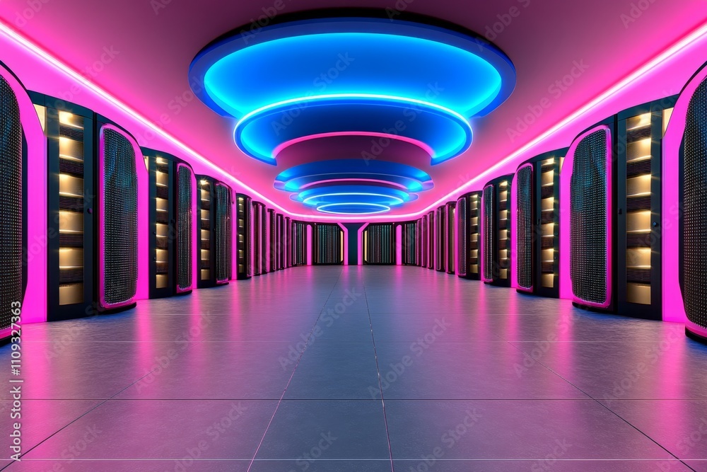 Poster high-tech server room with neon pink and blue lights, featuring glowing database towers and a sleek 