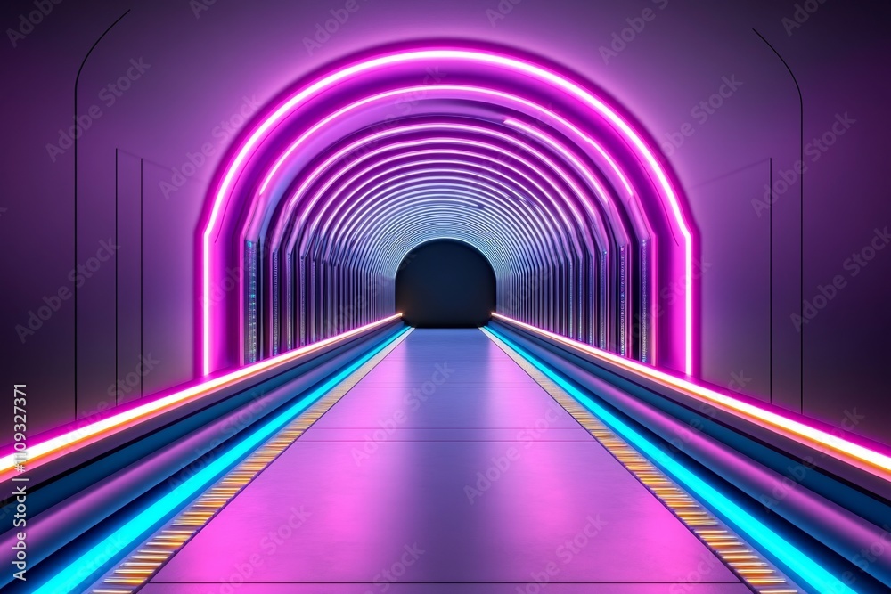 Poster high-tech server room with neon pink and blue lights, featuring glowing database towers and a sleek 