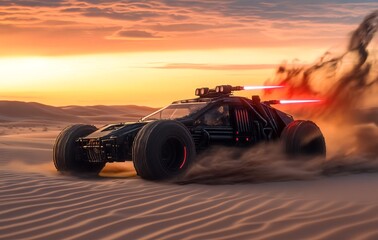 Dune Buggy with Lightsabers Driving Through Desert at Sunset. AI generated illustration