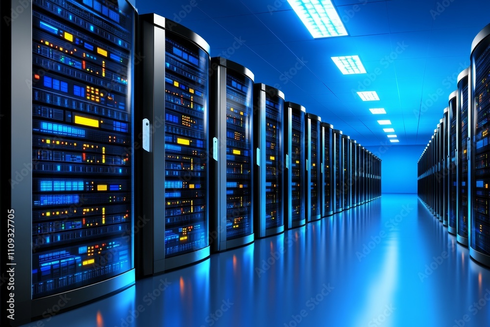 Poster modern datacenter filled with illuminated servers, showcasing cloud storage and database management,