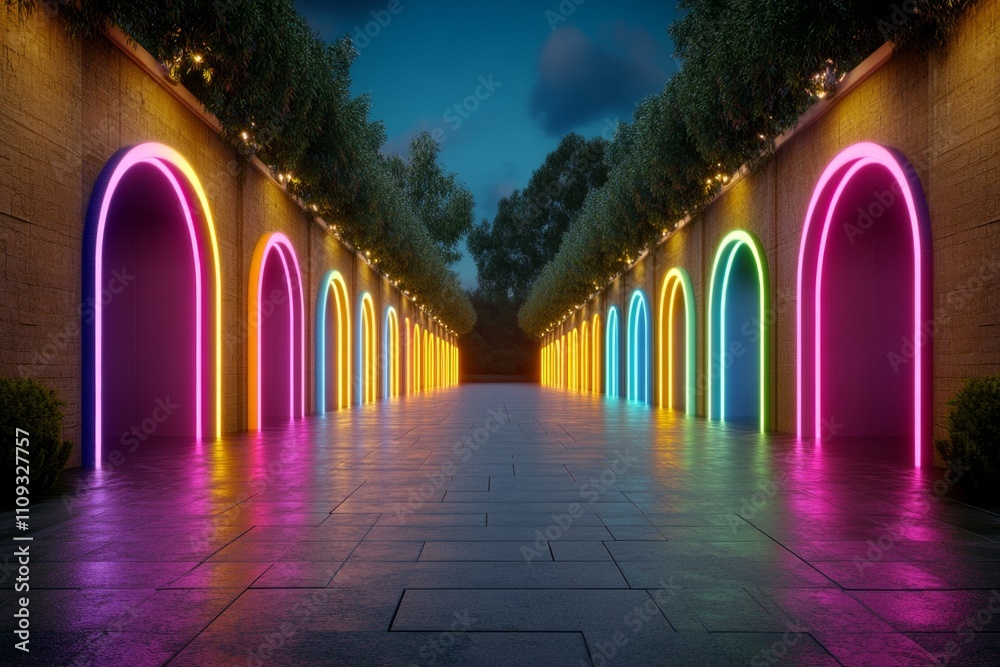 Aufkleber Modern data warehouse with neon blue and pink glowing servers arranged in a symmetrical tunnel, representing advanced database systems Realistic 3D vector illustration