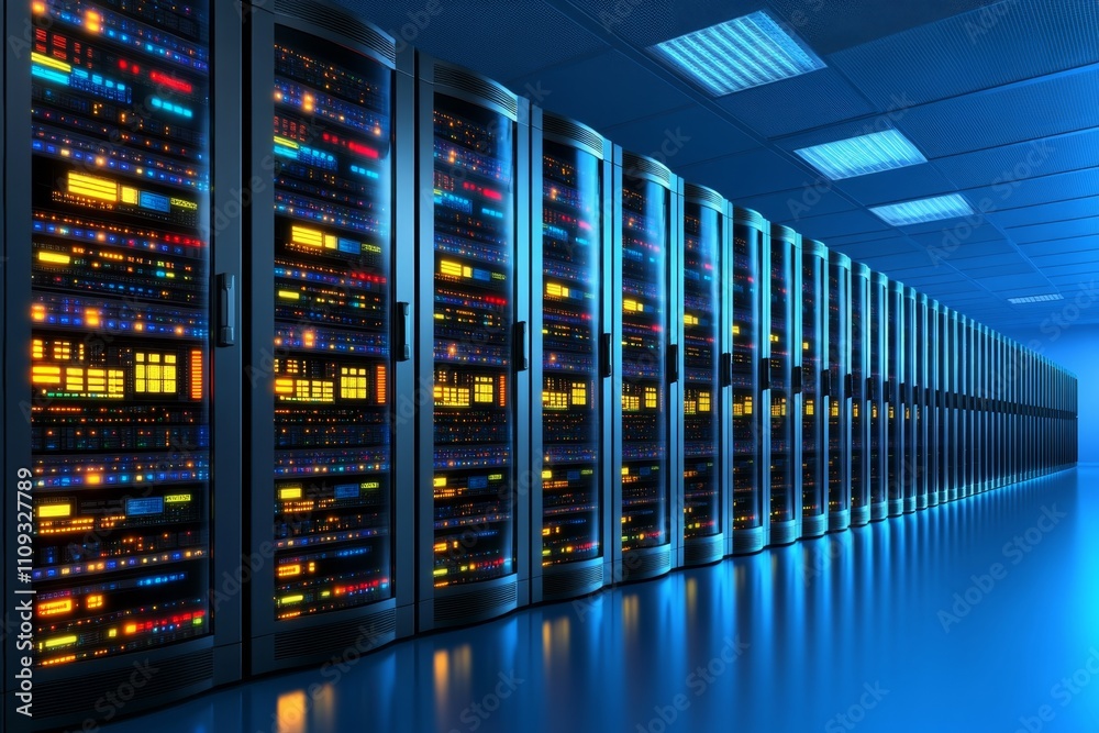 Poster modern datacenter filled with illuminated servers, showcasing cloud storage and database management,