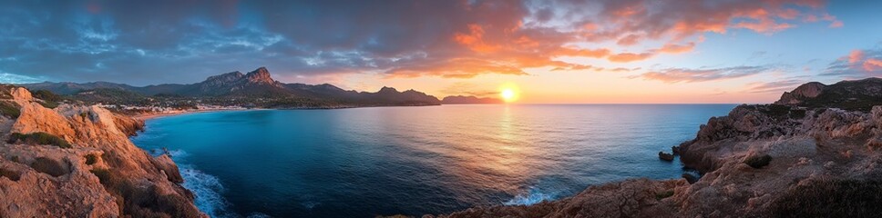 Panoramic View of Colorful Sunset Over the Sea with Mountains in the Background, AI generated illustration