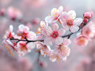 Obraz premium A close-up of delicate pink cherry blossoms on a branch.