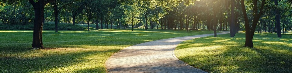 Obraz premium Sunlight filters through trees on serene park path