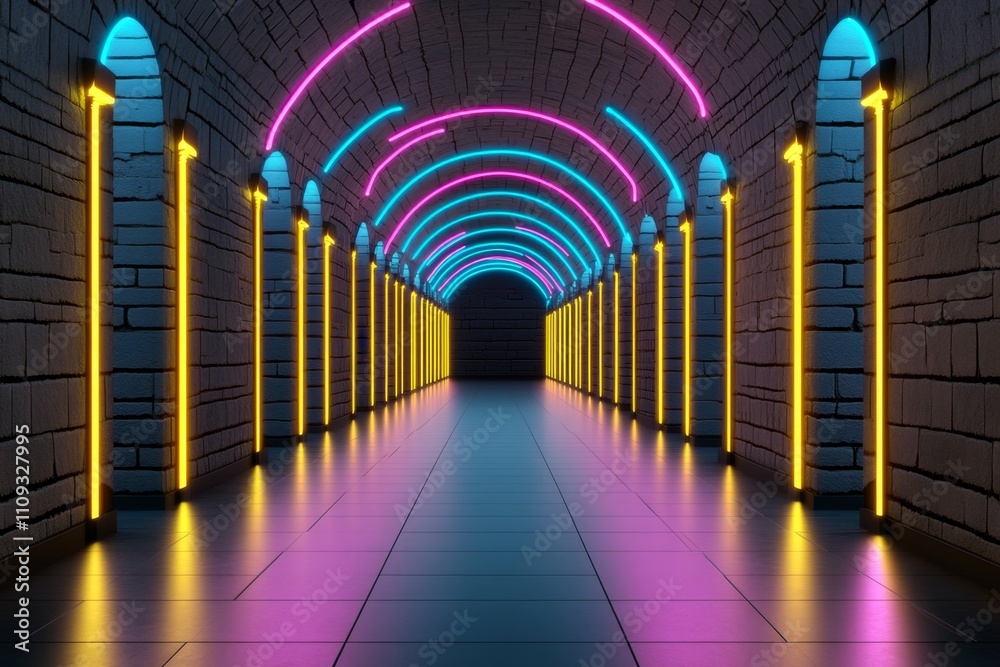 Poster Neon-lit data center tunnel with glowing server blocks in vibrant blue and pink, showcasing futuristic database and information systems Realistic 3D vector illustration