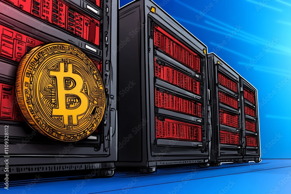 Poster server room featuring high-tech data racks and mining equipment, emphasizing blockchain technology a