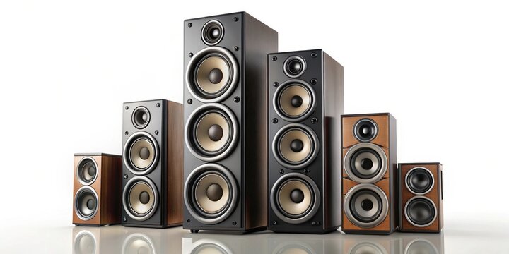 Audio music speaker, stack of different sized speakers isolated on white background, audio, music, speaker, stack